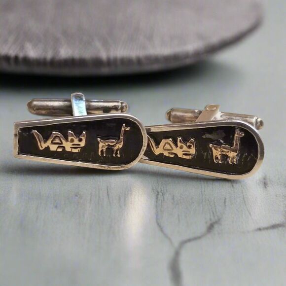 Vintage Mexican Alpaca Cufflinks – Animal Motif Inlay - Picture 1 of 6
